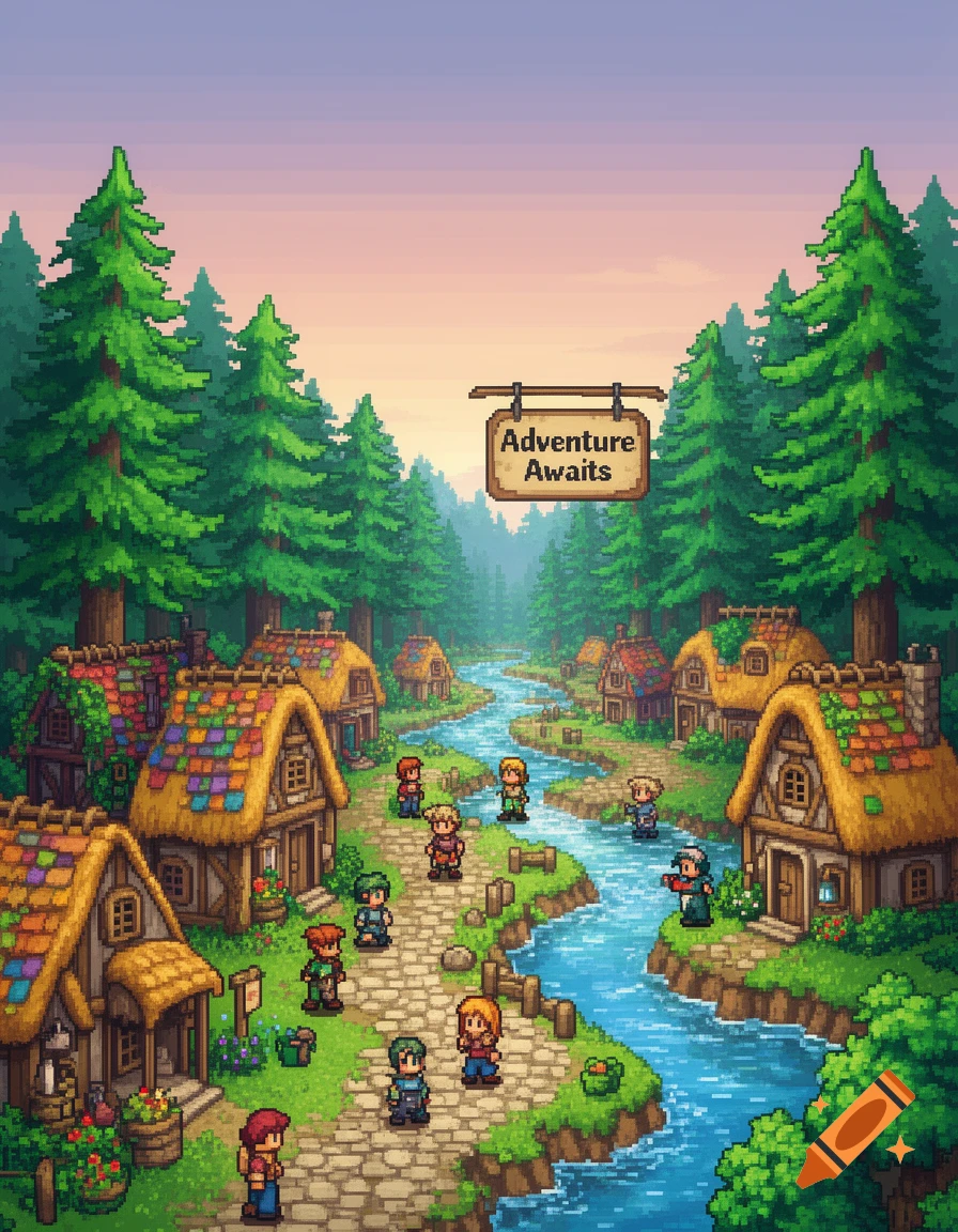 Pixel art fantasy village with a winding river, tall trees, small houses, and characters on a path, under a sign reading 'Adventure Awaits'.