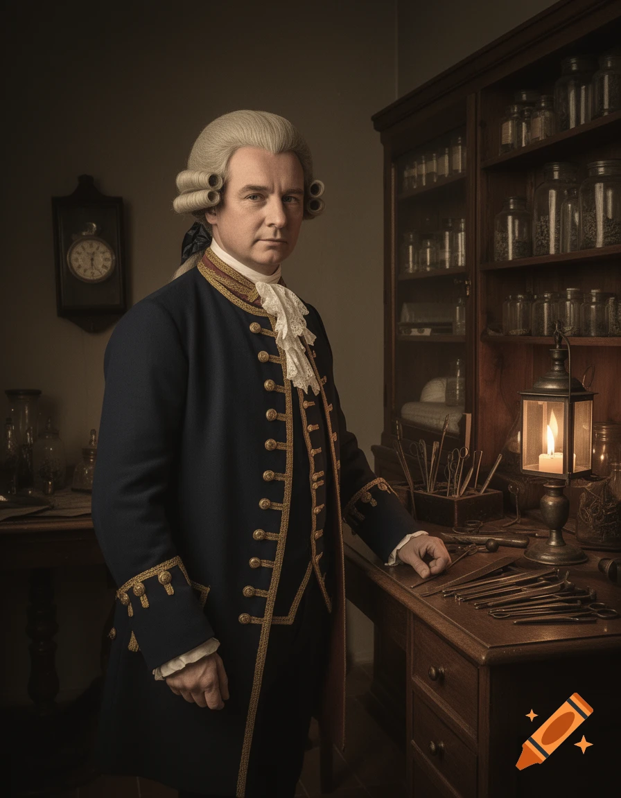 A man in 18th-century Prussian medical surgeon attire stands in his study with surgical tools and jars.