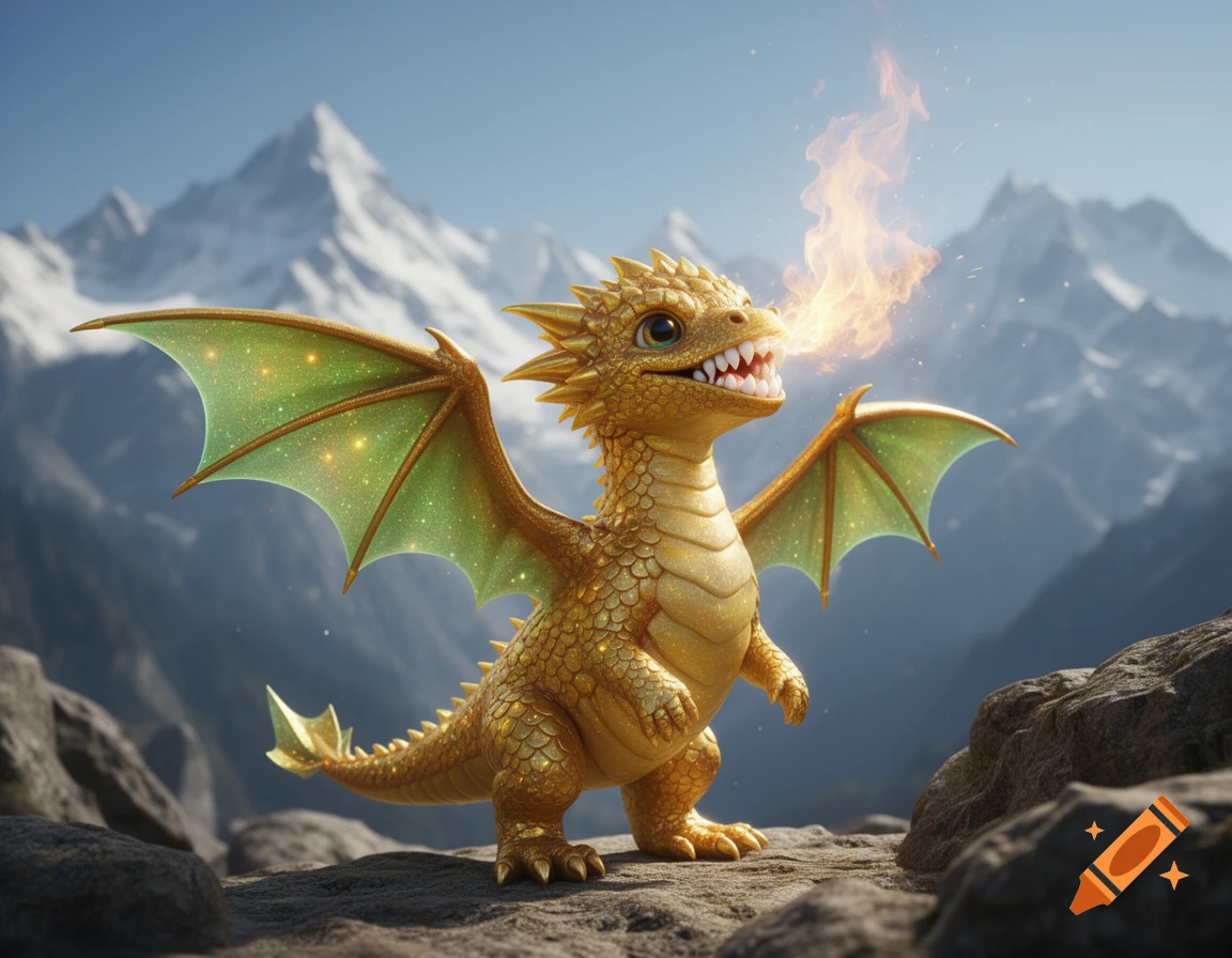 A cute baby sparkly golden dragon with green wings breathes fire, standing on a rock with snowy mountains in the background.