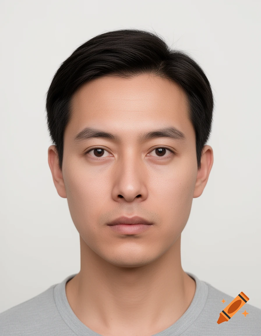 A photorealistic headshot of a young man with dark hair, looking directly at the viewer against a plain light background.
