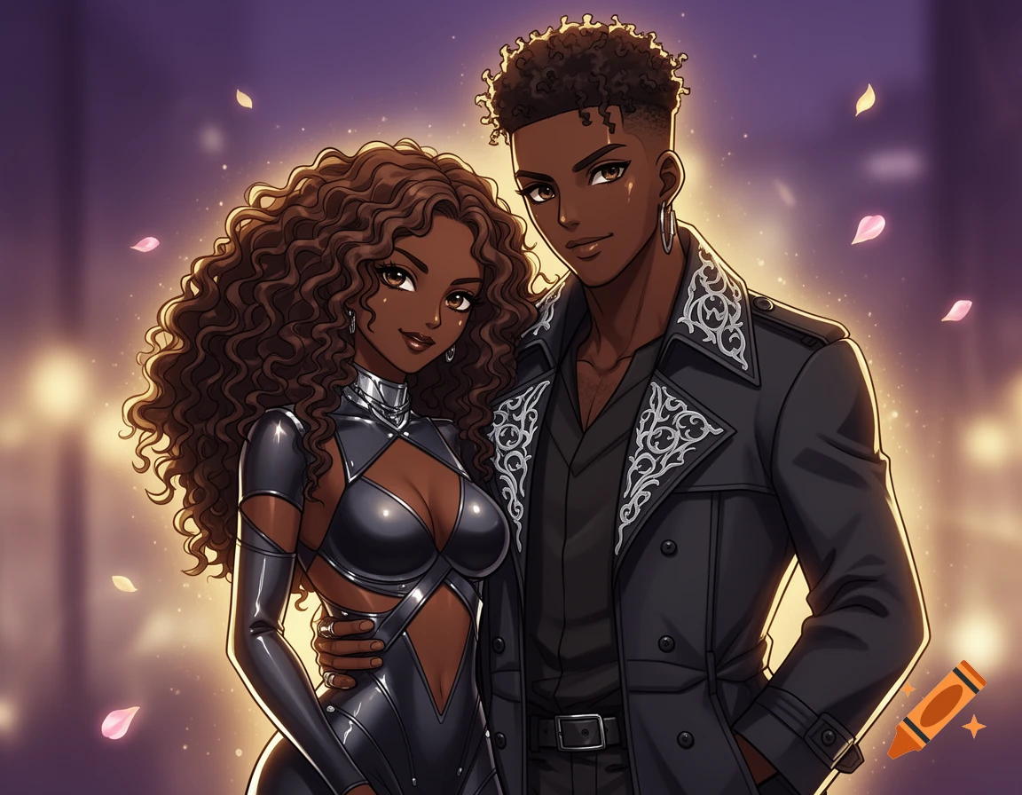 A stylish anime couple with brown skin. The woman wears a shiny black cut-out outfit, and the man wears a black patterned jacket, against a glowing background.