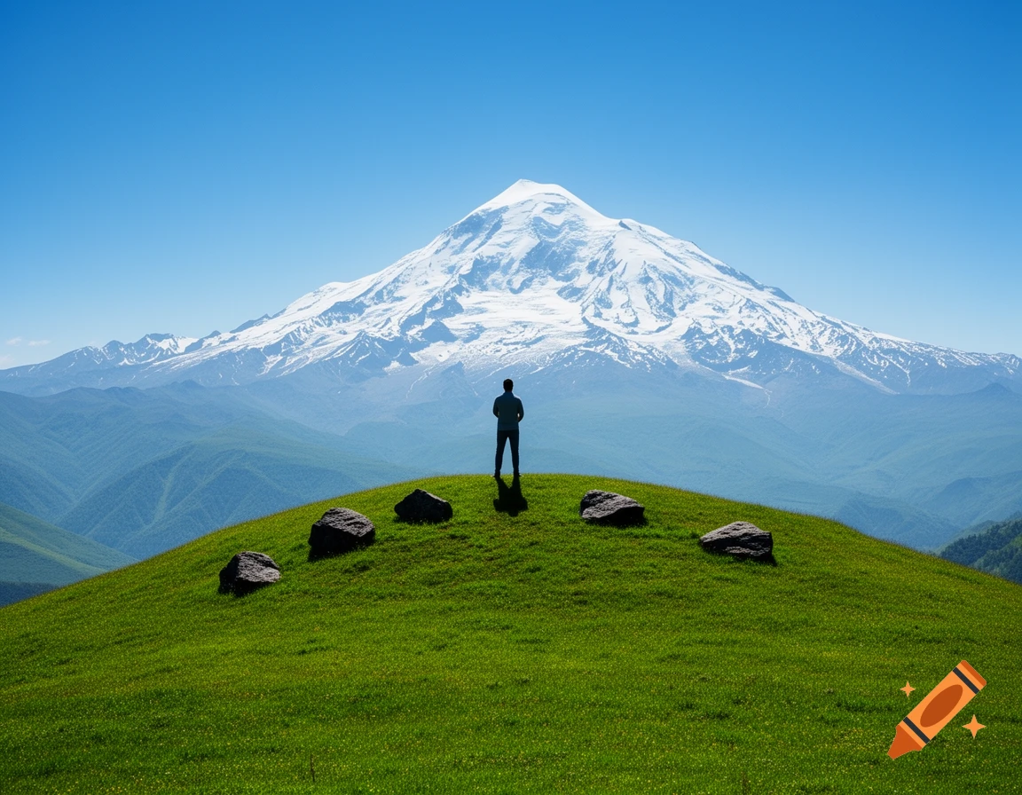 A lone figure stands on a vibrant green hill dotted with rocks, gazing at a majestic, snow-capped mountain under a clear blue sky.