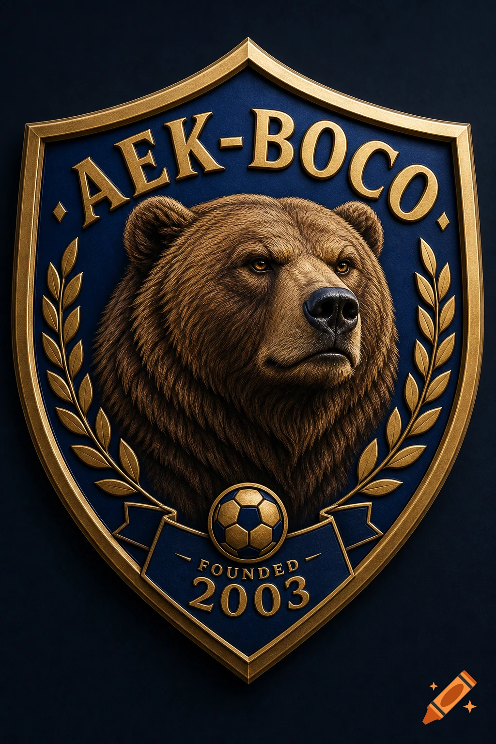 A royal blue and gold shield-shaped football badge featuring a realistic brown bear head, with text 'AEK-BOCO' and 'FOUNDED 2003'.
