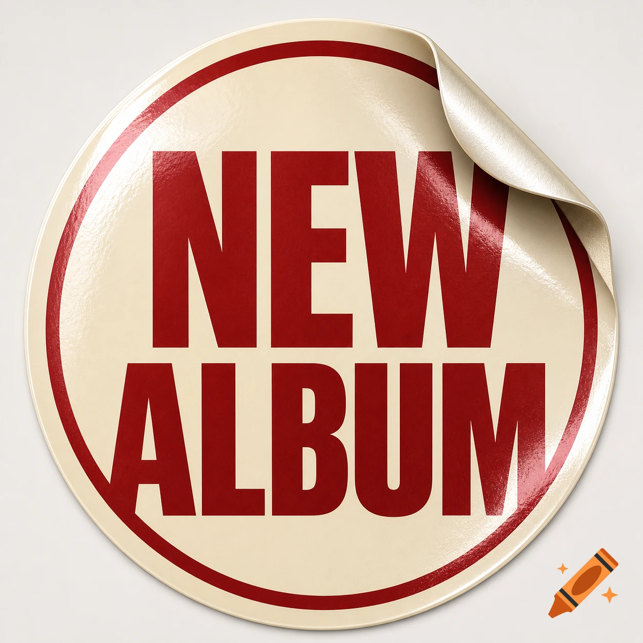 A cream-colored circular sticker with a dark red border and "NEW ALBUM" in bold red text, with the top right corner peeled back.