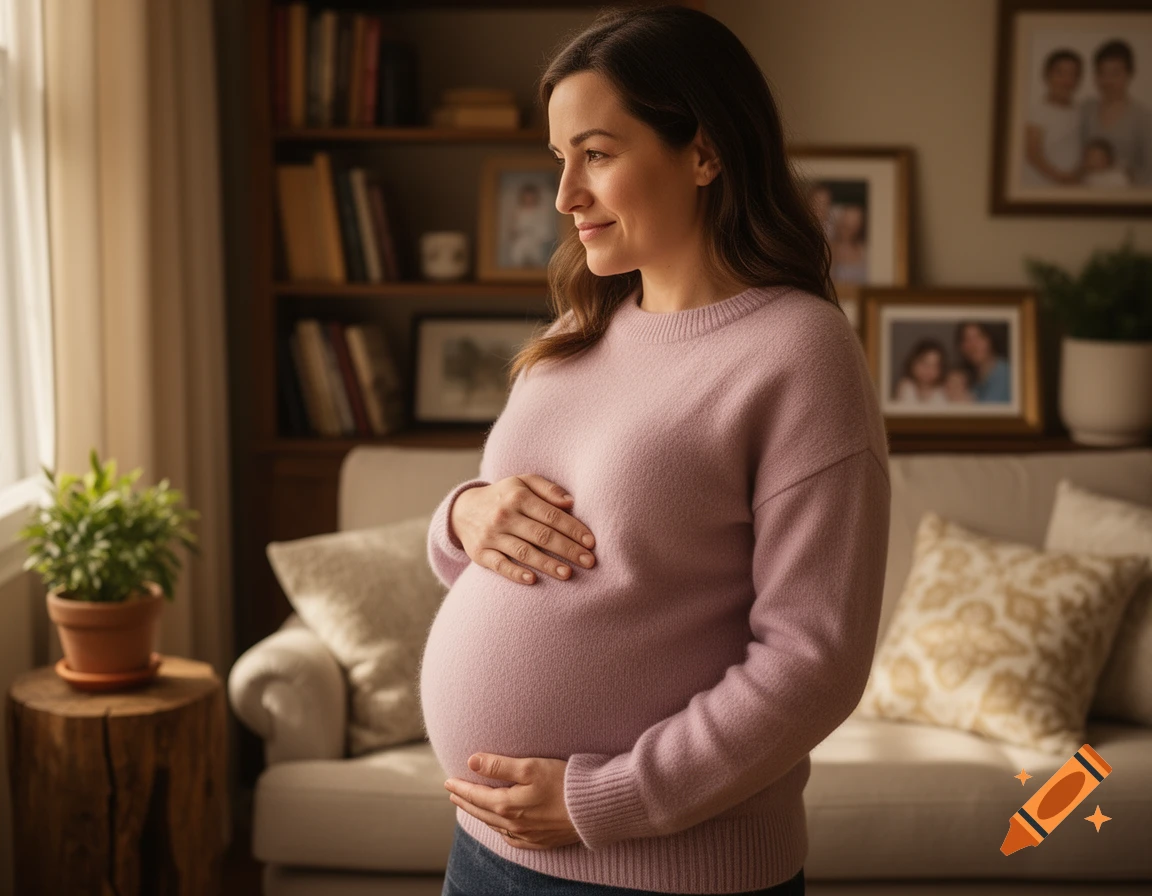A smiling pregnant woman in a pink sweater stands in a cozy living room, holding her belly and looking out a sunlit window.