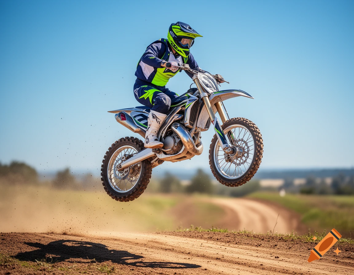 A motocross rider in a blue and neon green suit jumps a dirt bike over a dusty track under a clear blue sky.