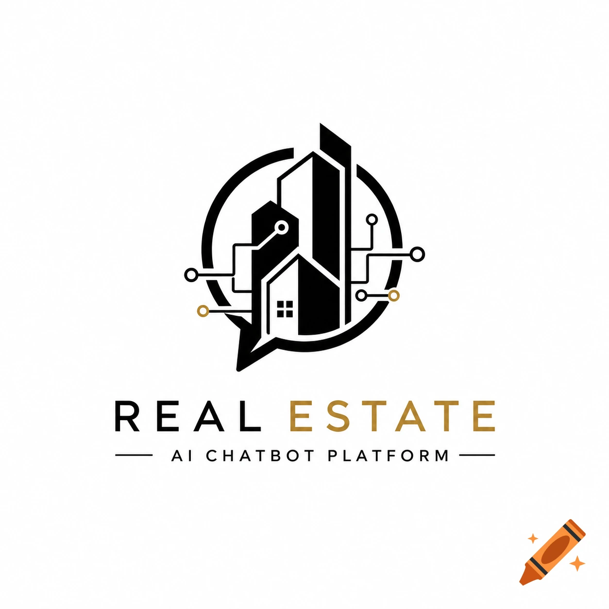 Minimalist black and gold logo for Real Estate AI Chatbot Platform, showing buildings, circuit lines, and a speech bubble.