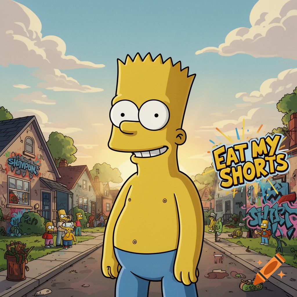Bart Simpson stands shirtless in blue pants on a street with graffiti-covered houses, with a speech bubble saying "EAT MY SHORTS".
