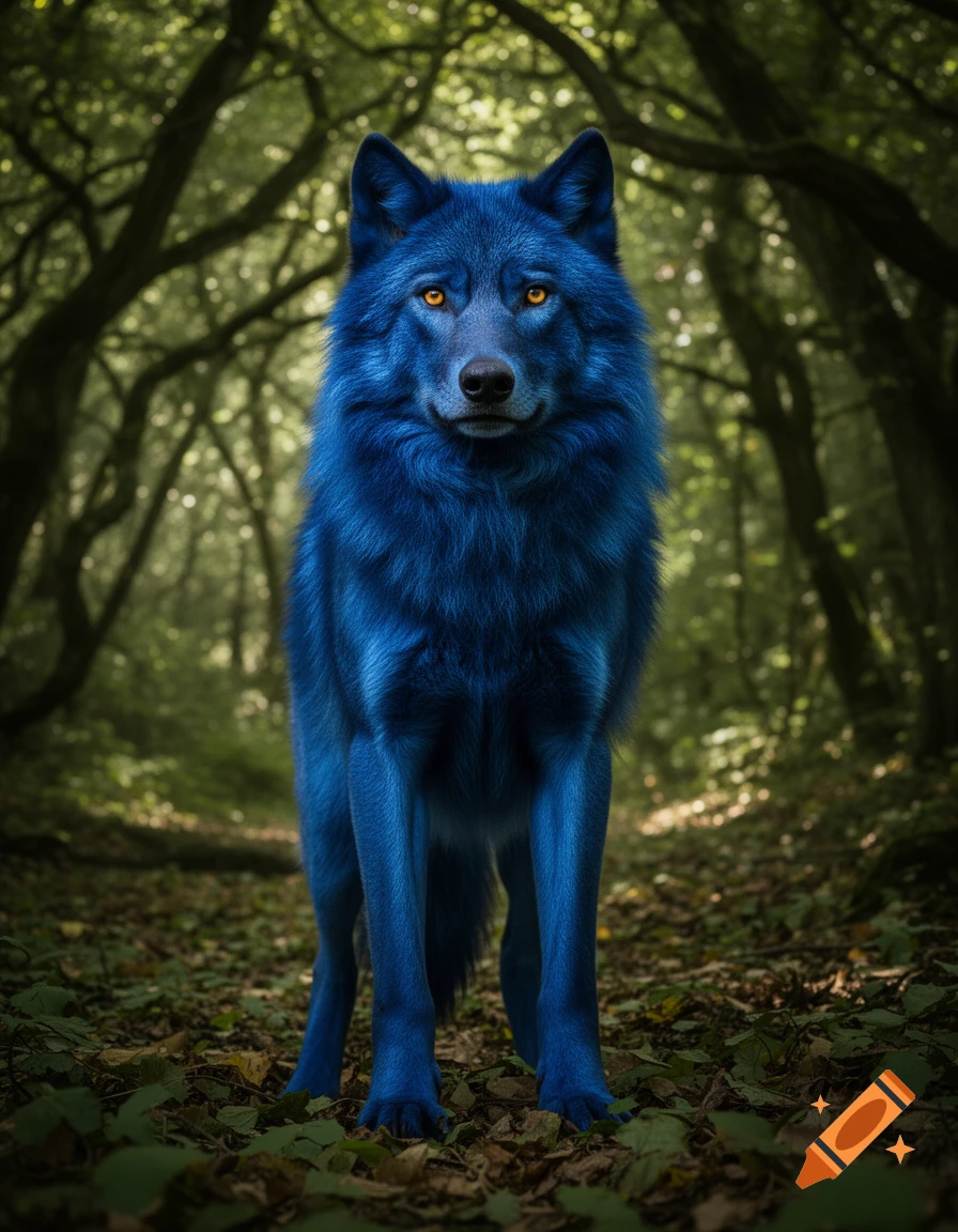 A photorealistic blue wolf with orange eyes stands facing forward in a dark forest.