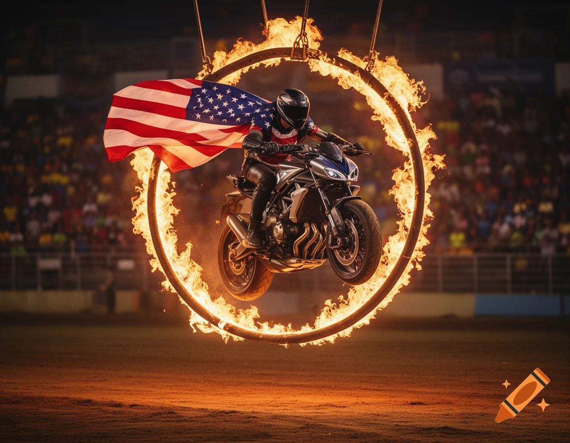 A motorcyclist in a helmet and a US flag cape jumps through a fiery hoop suspended in an arena at night.