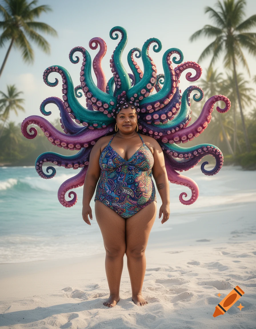 A plus-size woman in a colorful swimsuit stands on a sandy beach, featuring vibrant teal and purple octopus tentacles as hair. Photorealistic.