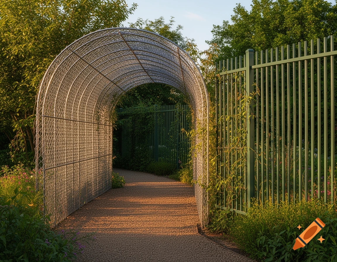 A photorealistic image of a garden path leading through a curved steel mesh arch fence, next to a tall green metal fence and lush trees.