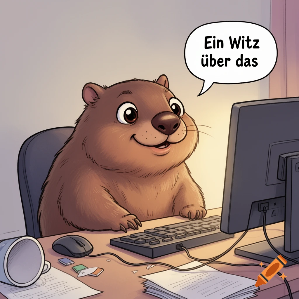 A cute cartoon wombat smiling while sitting at a computer, with a speech bubble saying 'Ein Witz über das'.