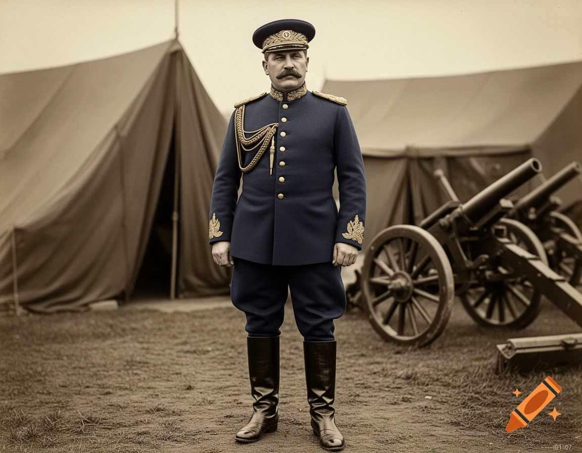 Photorealistic, sepia-toned portrait of a man in a 1914 military uniform with a mustache, standing in a field with tents and cannons.