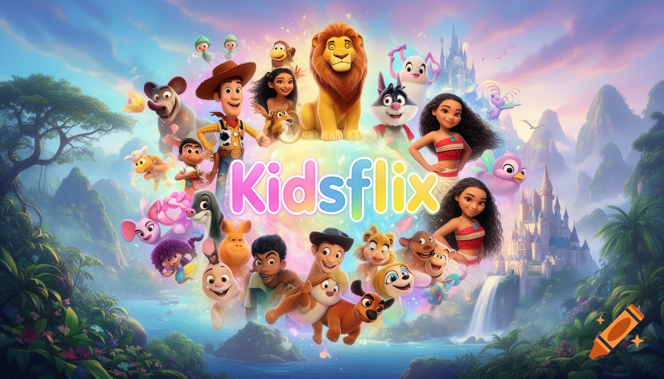 A vibrant scene featuring many animated characters including Woody, Simba, and Moana, with castles and waterfalls, centered around the word 'Kidsflix'.