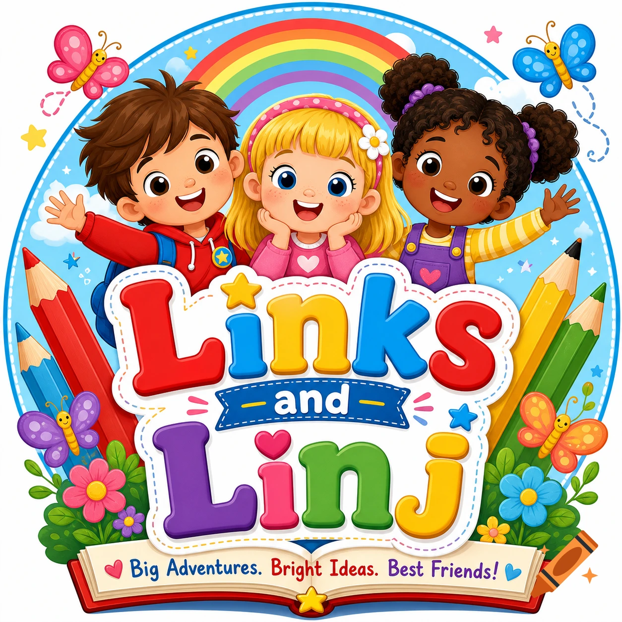 Three diverse children smile above a colorful logo reading 'Links and Linj' with pencils, butterflies, and a rainbow. Cartoon style.