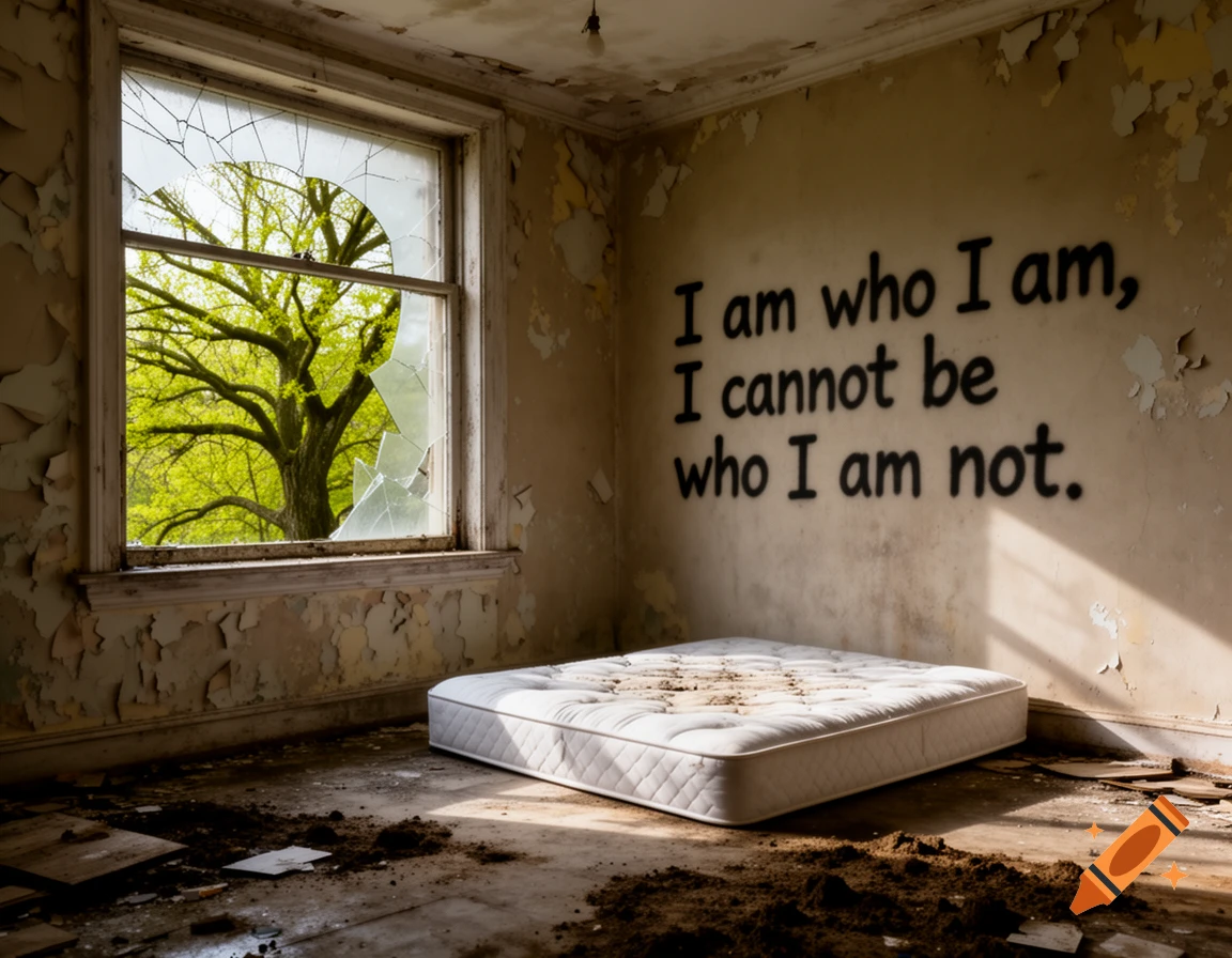 An abandoned room with peeling paint, a broken window revealing a green tree, a dirty mattress, and a quote on the wall.