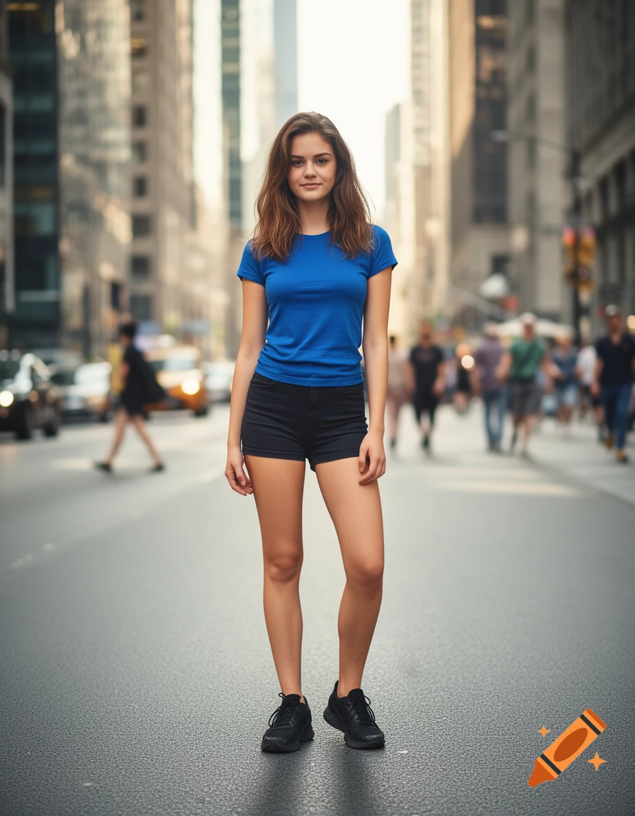 A young woman in a blue t-shirt and black shorts stands in the middle of a city street, looking at the camera.