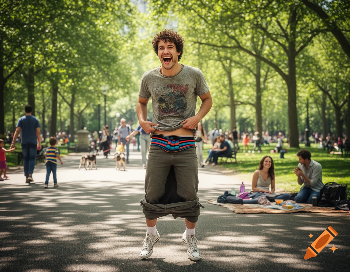 A man with curly hair laughs in a sunny park, holding up his t-shirt as his pants fall around his ankles, revealing striped underwear.