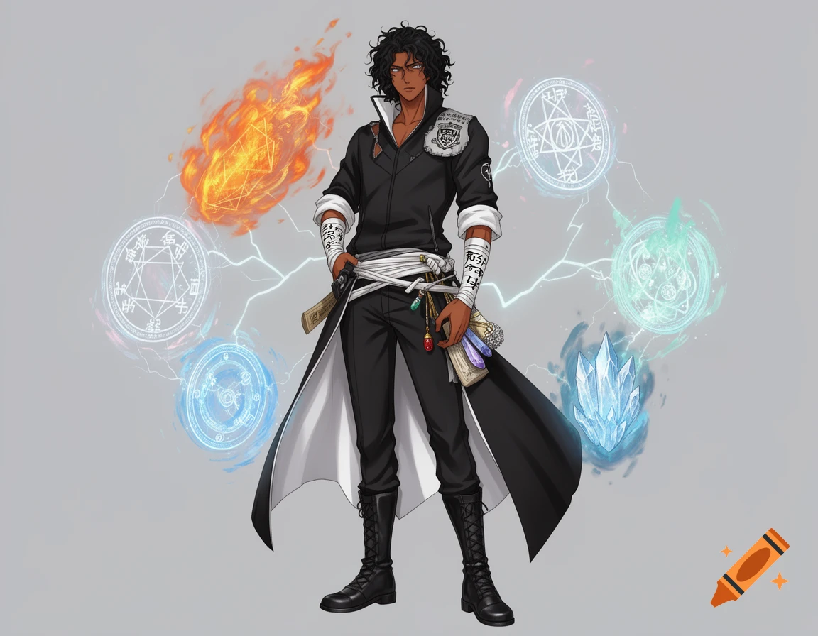 An anime-style fantasy man with dark skin, black curly hair, and an athletic build. He wears a black coat, trousers, and boots, with white wraps on his forearms. Magical elemental effects and glowing spell circles surround him.