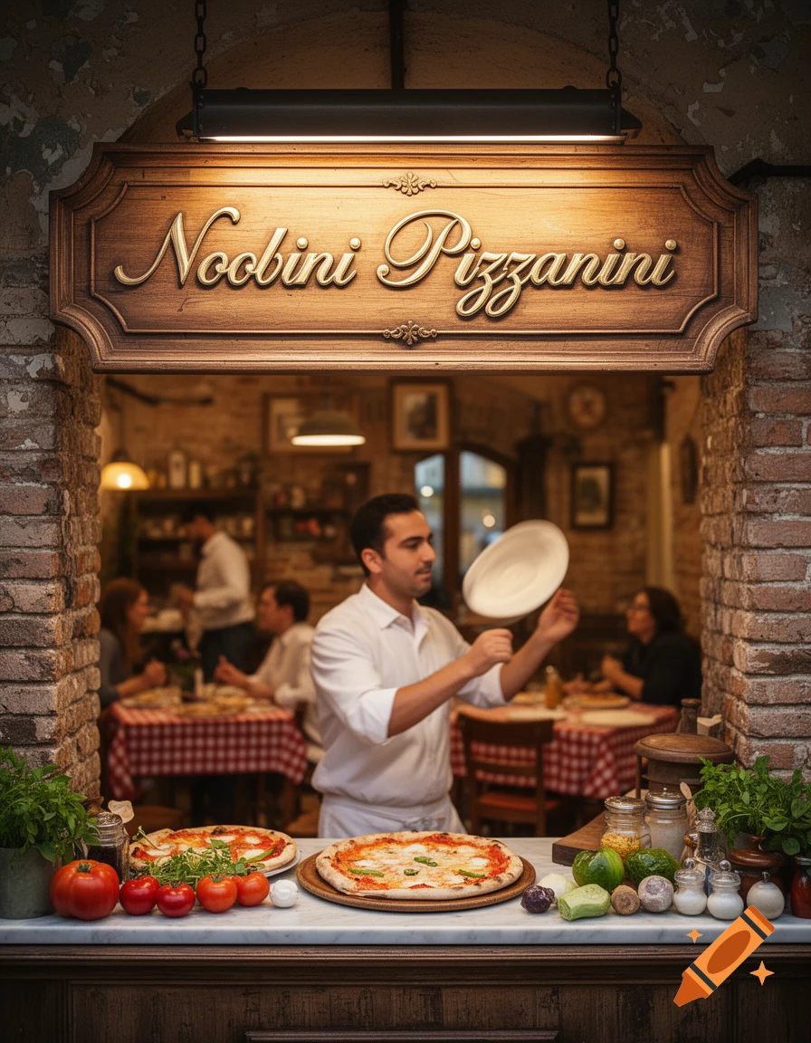 Photorealistic chef spinning pizza dough inside a cozy pizzeria, with fresh pizzas, ingredients, and a 'Noobini Pizzanini' sign.
