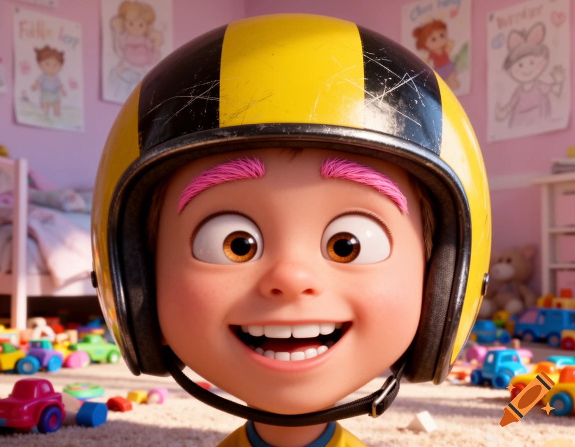 A smiling cartoon child with pink eyebrows wears a yellow and black helmet in a toy-filled bedroom.