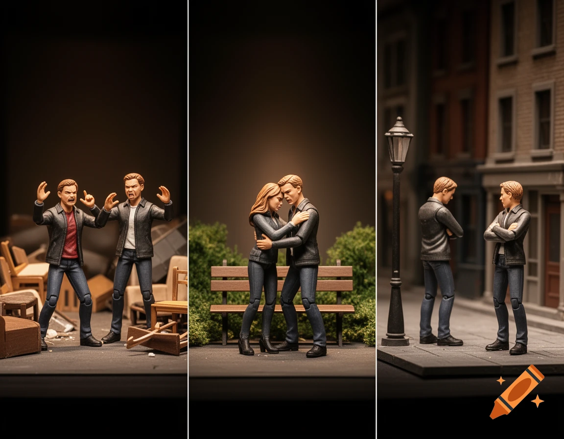 A triptych of action figures depicting three relationship scenes: two men arguing amidst debris, a man and woman embracing on a bench, and two men standing apart on a street.