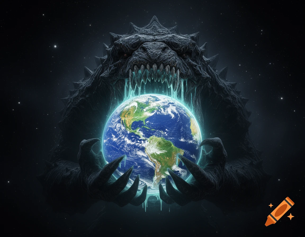 A dark, menacing monster with sharp teeth and glowing blue drool clutches a glowing Earth in space.