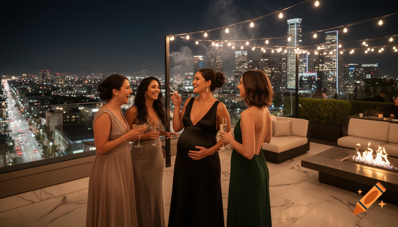 Four women in elegant evening wear on a luxury rooftop lounge at night, laughing and holding drinks with a city skyline behind them.