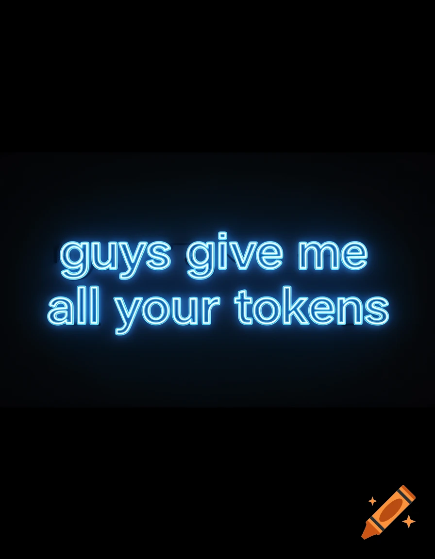 Blue neon text reading 'guys give me all your tokens' on a black background.