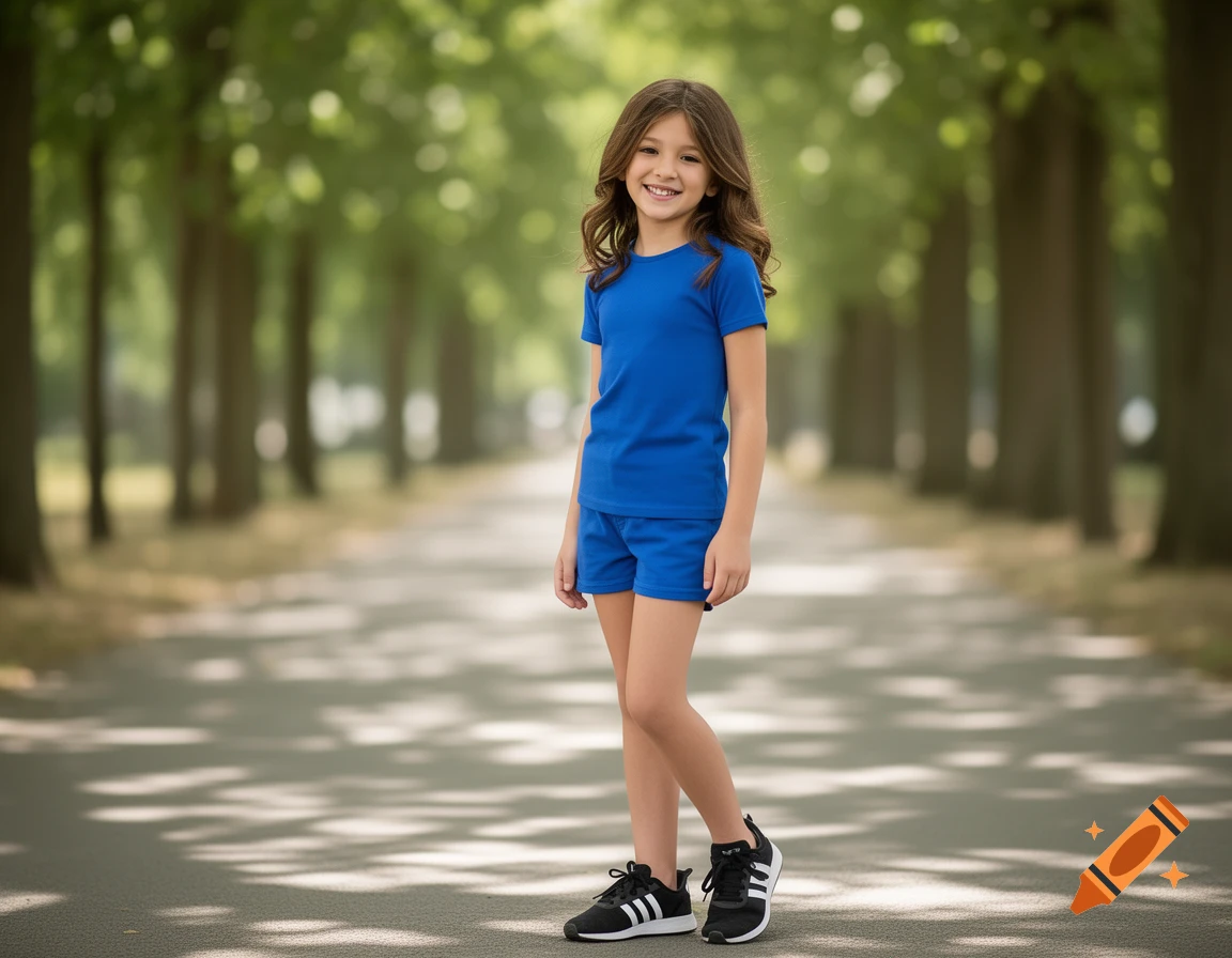 Smiling young girl in blue t-shirt, shorts, and black Adidas sneakers stands on a tree-lined path.