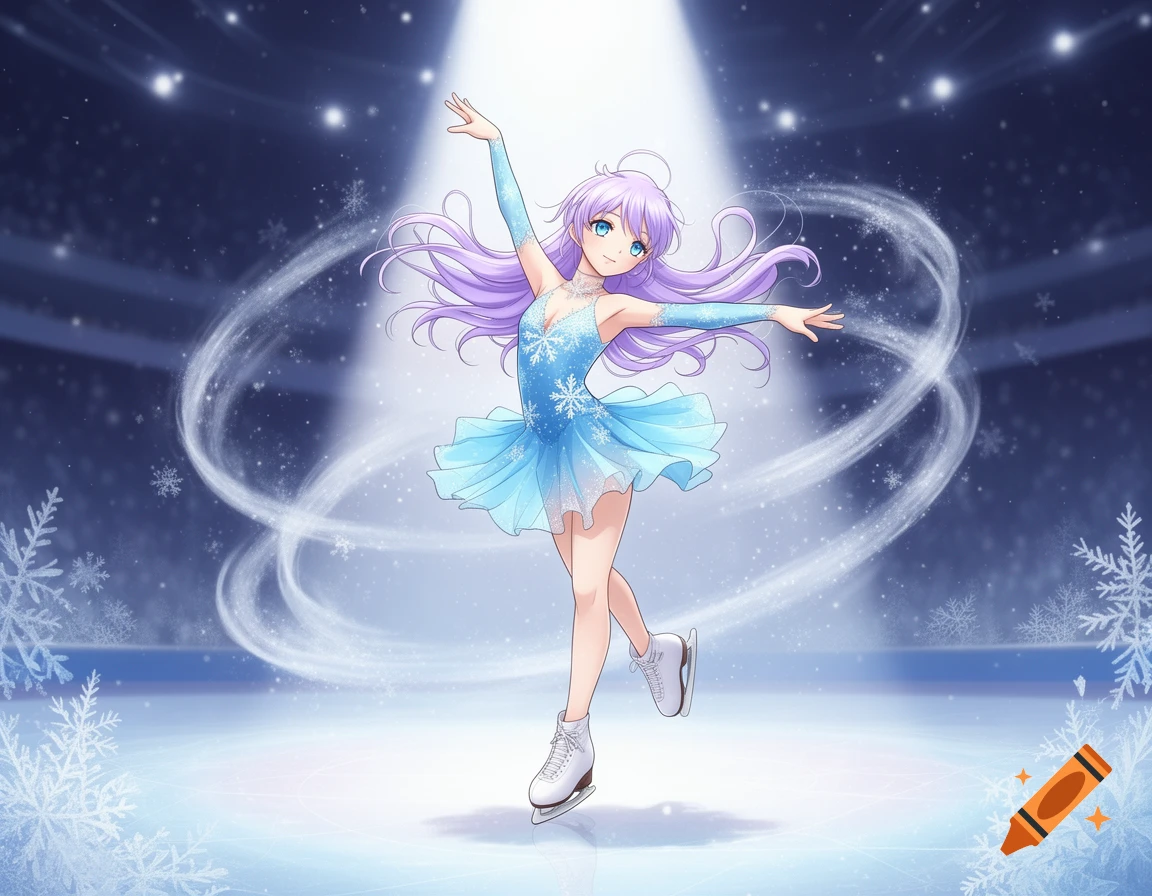 Anime girl with purple hair ice skating in a blue snowflake dress on a spotlighted ice rink.