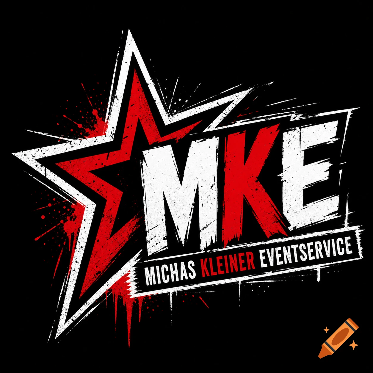 Distressed red and white star logo with 'MKE Michas Kleiner Eventservice' text on a black background.