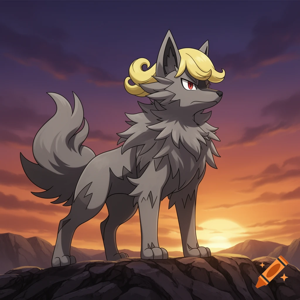 An anime-style gray wolf-like Pokémon with a blonde wig stands on a rocky cliff against a dramatic sunset sky.