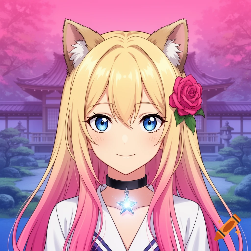 Anime portrait of a girl with blonde hair, pink tips, cat ears, a rose, and a star choker in a colorful Japanese temple garden.