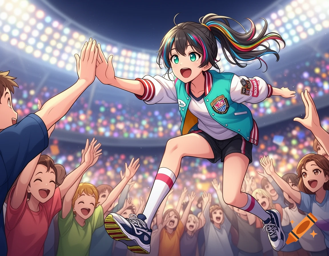 An anime-style girl with colorful hair high-fives a fan in a brightly lit stadium full of cheering spectators.