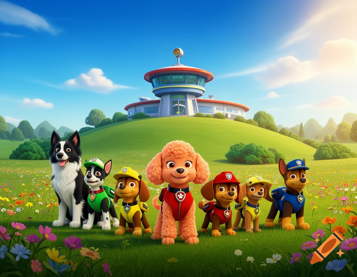 Six cartoon dogs in rescue uniforms stand in a grassy field with flowers, Paw Patrol HQ in background.