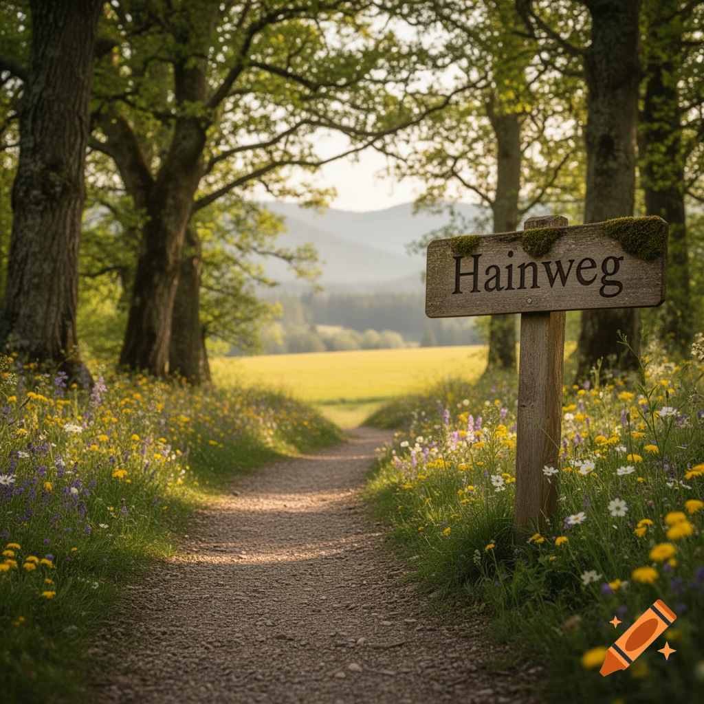 A sunny, photorealistic image of a winding dirt path through a forest, lined with wildflowers. A wooden sign reads 'Hainweg'.