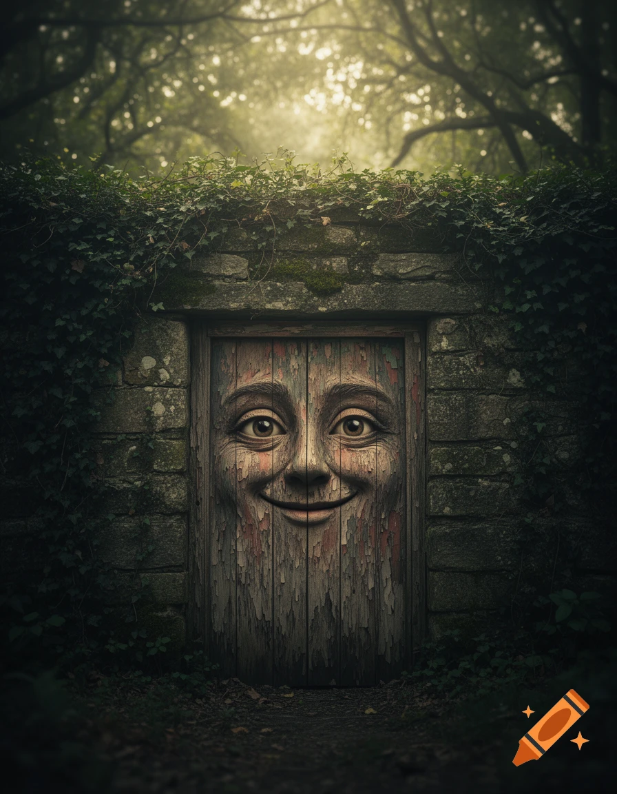 A smiling, human-like face is carved into a weathered wooden door set within an ivy-covered stone wall in a misty forest.