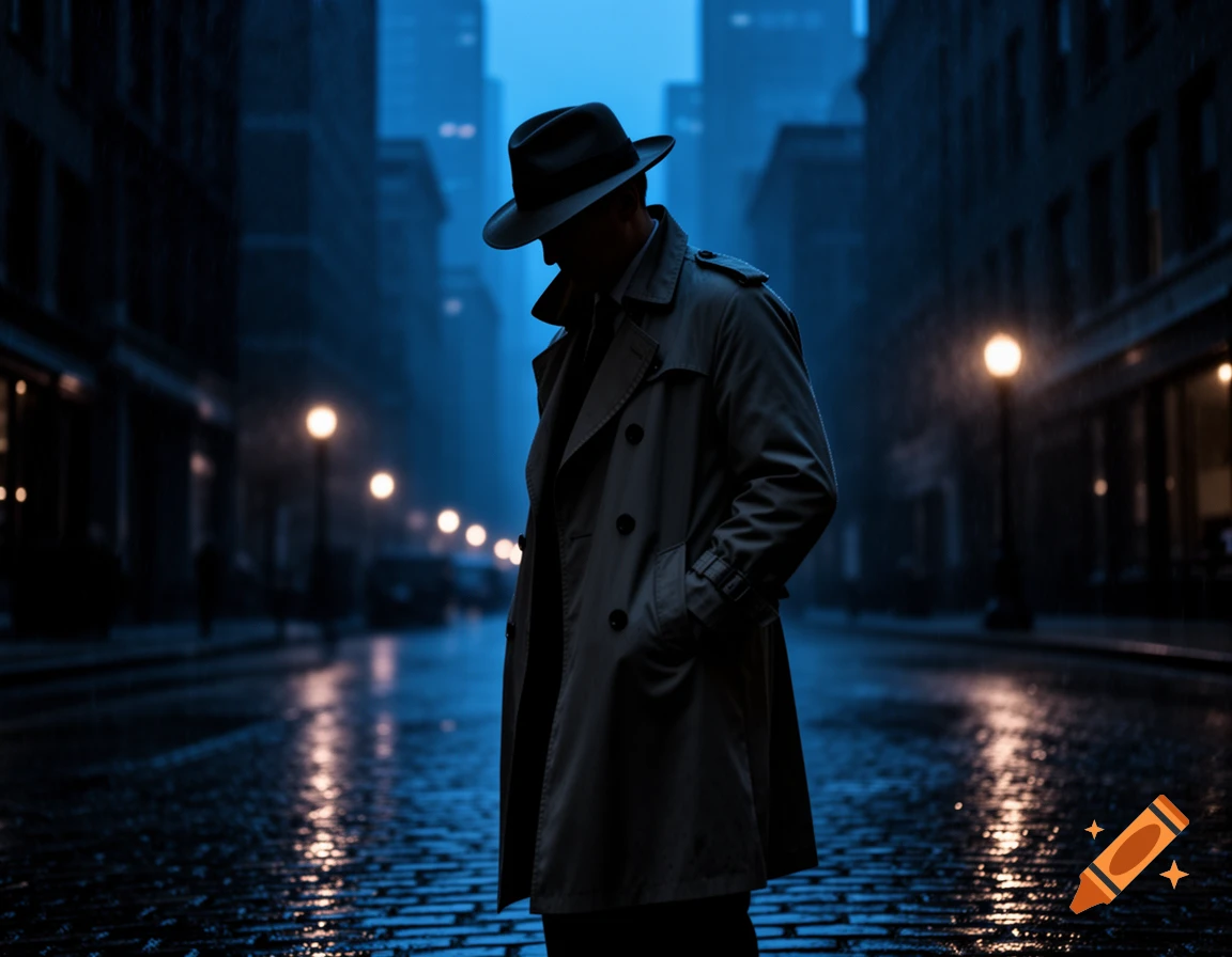 A silhouetted detective in a trench coat and fedora stands on a wet city street at night, with glowing streetlights and tall buildings in a moody blue and black photorealistic style.
