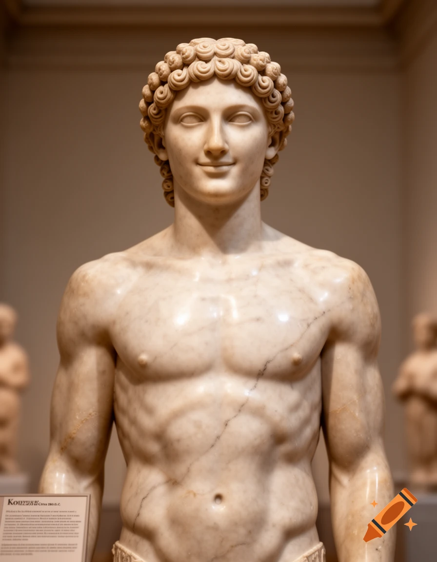 A detailed photorealistic shot of an ancient Greek marble Kouros statue, depicting a smiling youth with curly hair, in a museum.