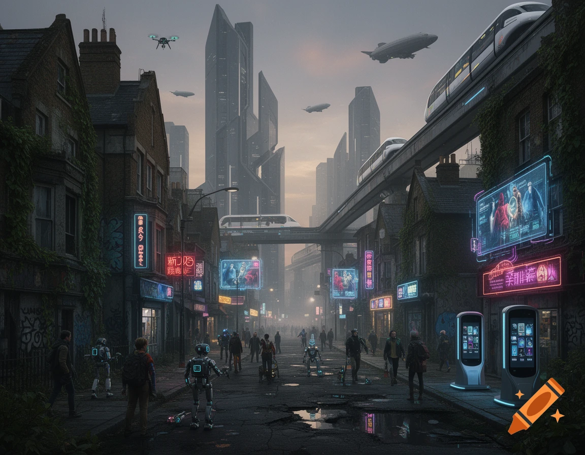 A dark, futuristic city street, with old buildings covered in vines next to modern skyscrapers. Neon signs glow, a monorail passes overhead, and people walk among robots and flying vehicles.