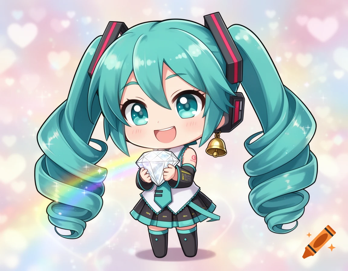 A chibi Hatsune Miku with turquoise pigtails holds a sparkling diamond, smiling against a background of hearts and a rainbow.