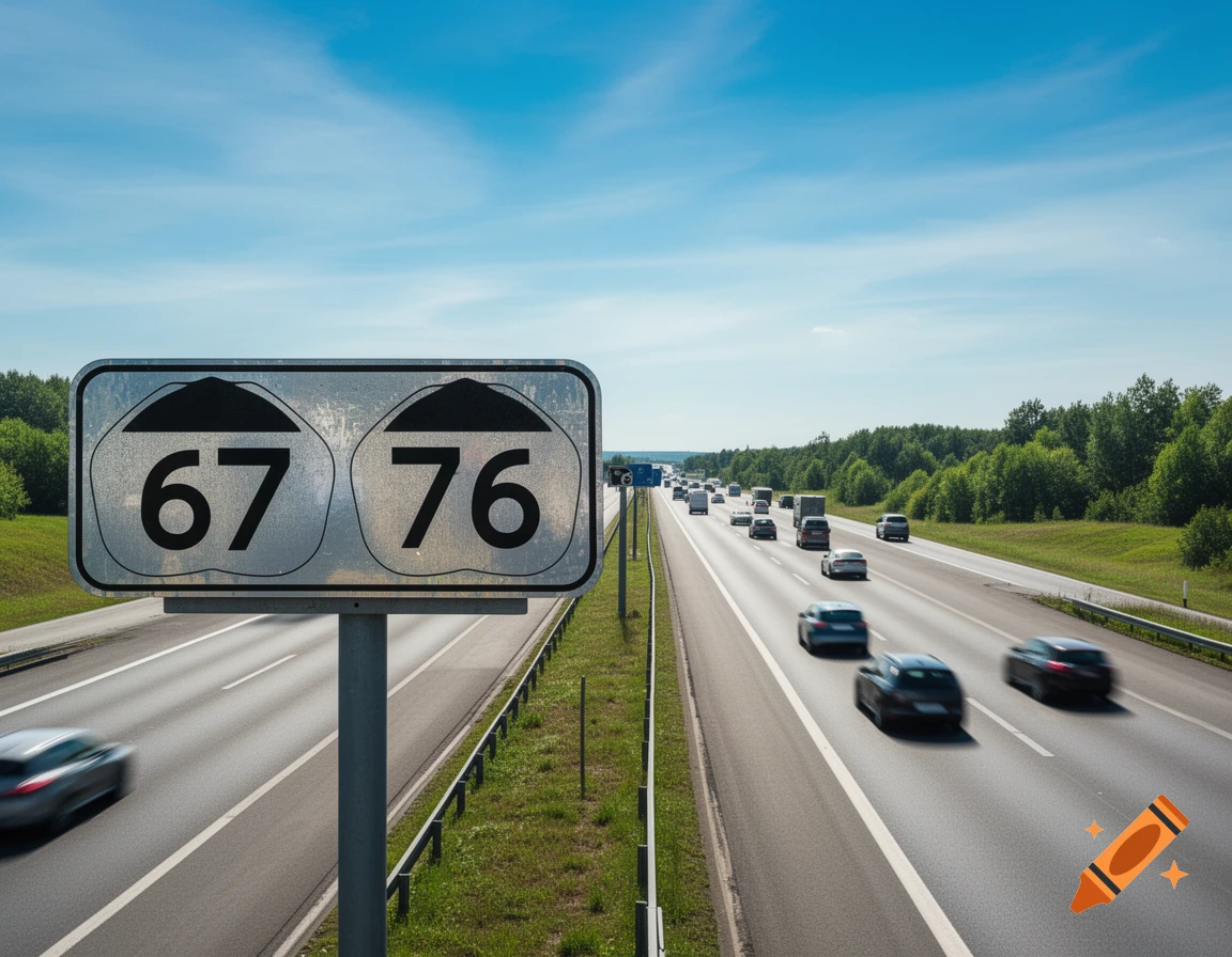 A busy multilane highway under a blue sky, with cars driving and a large sign displaying route numbers 67 and 76.
