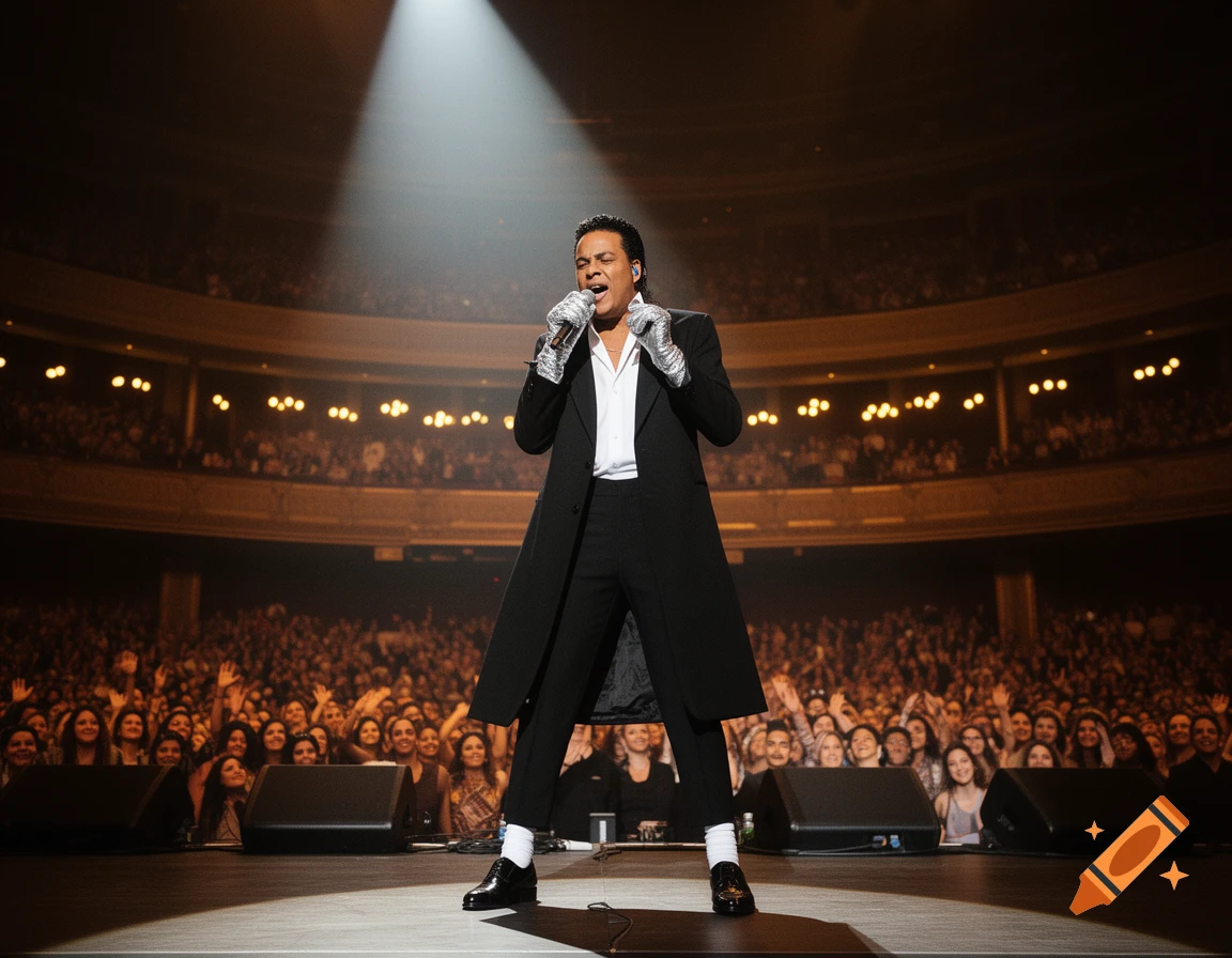 A man in a black coat and white shirt with a silver glove sings into a microphone on a spotlighted stage, facing a large, cheering crowd in an auditorium.