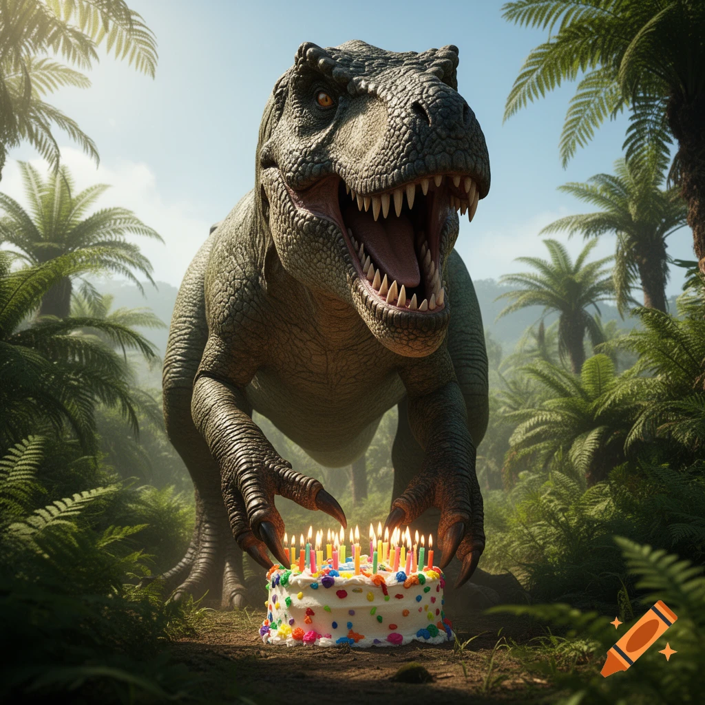 A photorealistic T-Rex stands over a colorful birthday cake with lit candles in a lush, sunlit jungle.