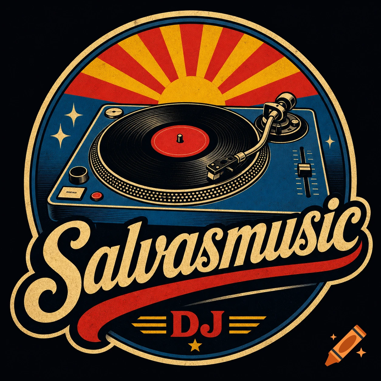 A vibrant vintage-style DJ logo featuring a blue turntable, a rising sun, and the text "Salvasmusic DJ".