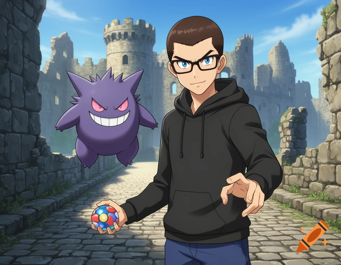 An anime-style young man in a black hoodie and glasses holds a colorful Pok\u00e9 Ball with a grinning Gengar floating behind him, in front of castle ruins.