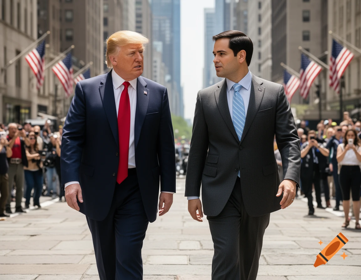 Photorealistic image of Donald Trump and Marco Rubio walking side-by-side down a city street with American flags and a crowd.