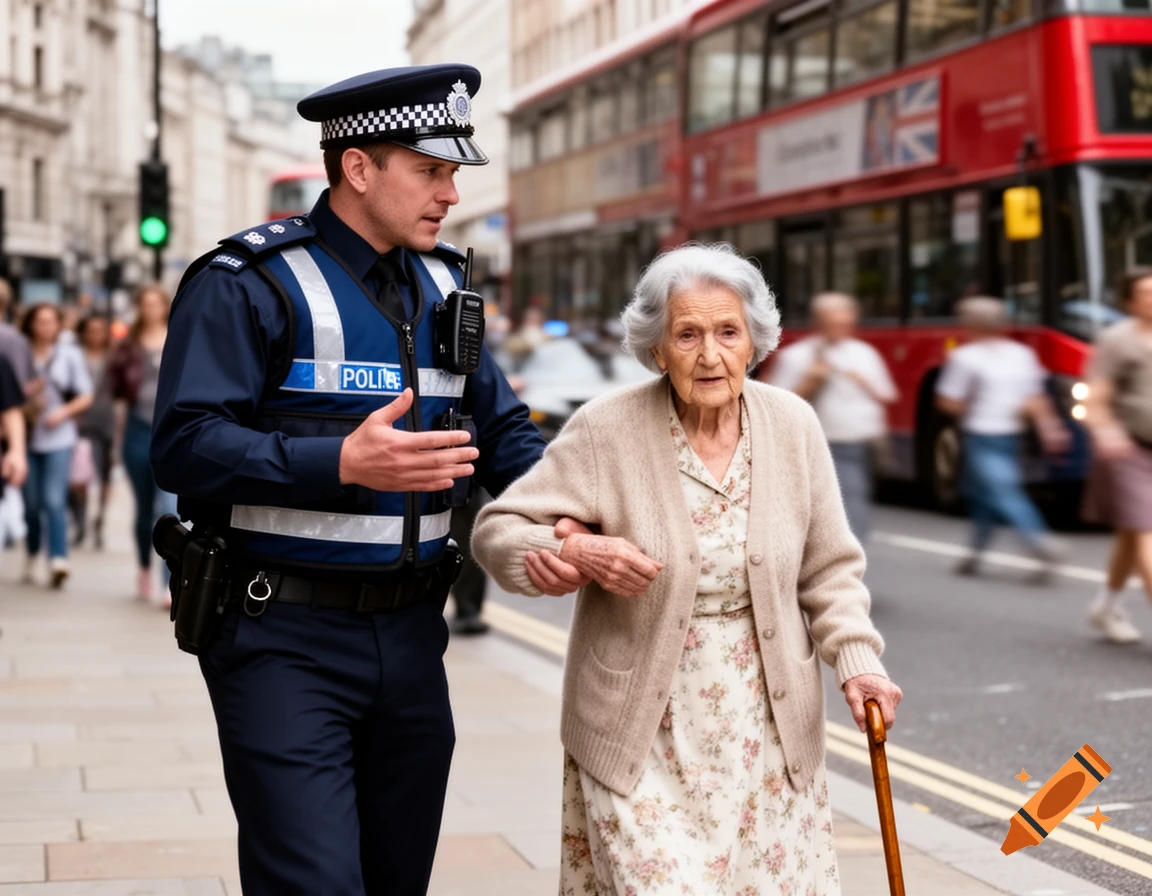A British police officer in uniform helps an elderly woman with a cane walk down a busy city street with a red double-decker bus in the background.